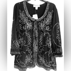 Lauren Michelle Cardigan Black w/Silver Embroidery Button Front petite Lg NWT